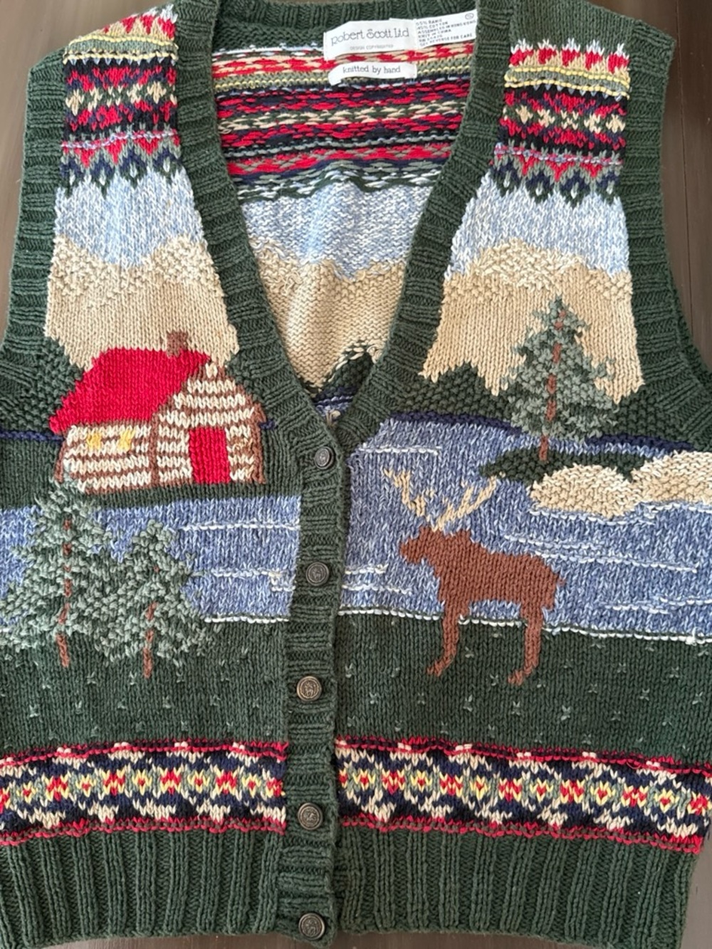 Robert Scott Ltd Green Holiday Knit Vest with Cabin & Moose Motif